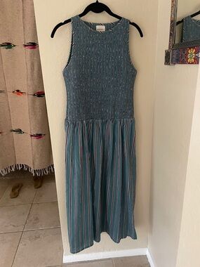 Sleeveless Smocked Midi Dress in Teal Stripe